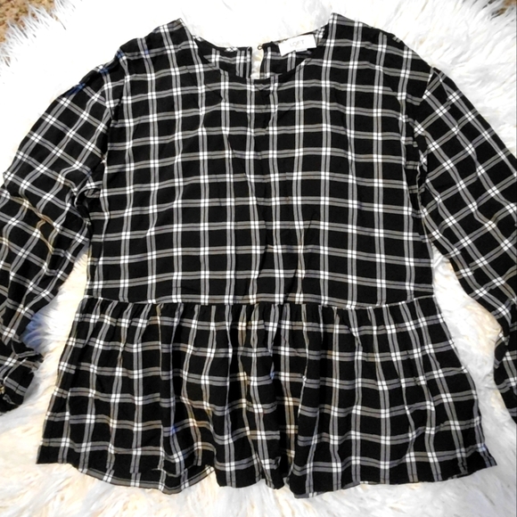 Loft Black White Check Blouse Ruffle Long Sleeve - Picture 2 of 8